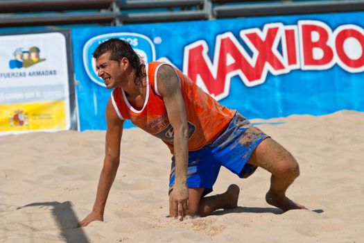 CADIZ, SPAIN -  JUL 22:  Unknown goalkeeper of unknown team playing the Spanish Championship of Beach Soccer on Jul 22, 2006 on the beach of La Victoria in Cadiz, Spain