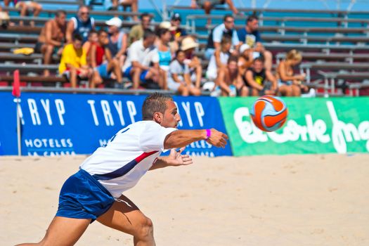 CADIZ, SPAIN -  JUL 30:  Unknown goalkeeper of the team of Cadiz playing the Spanish Championship of Beach Soccer on Jul 30, 2005 on the beach of La Victoria in Cadiz, Spain