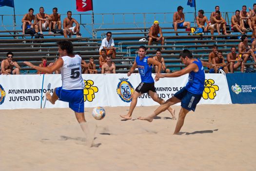 CADIZ, SPAIN -  JUL 22:  Unknown players of unknown team playing the Spanish Championship of Beach Soccer on Jul 22, 2006 on the beach of La Victoria in Cadiz, Spain