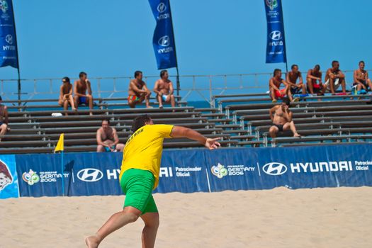 CADIZ, SPAIN -  JUL 22:  Unknown goalkeeper of unknown team playing the Spanish Championship of Beach Soccer on Jul 22, 2006 on the beach of La Victoria in Cadiz, Spain