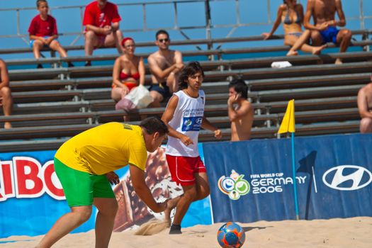 CADIZ, SPAIN -  JUL 22:  Unknown goalkeeper of unknown team playing the Spanish Championship of Beach Soccer on Jul 22, 2006 on the beach of La Victoria in Cadiz, Spain