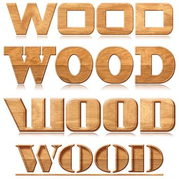 Four words "wood" with reflection in wood material
