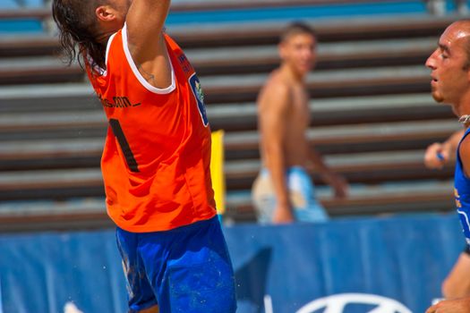 CADIZ, SPAIN -  JUL 22:  Unknown goalkeeper of unknown team playing the Spanish Championship of Beach Soccer on Jul 22, 2006 on the beach of La Victoria in Cadiz, Spain