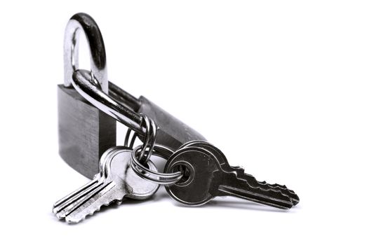 Close up of locks and keys on a white background with space for text
