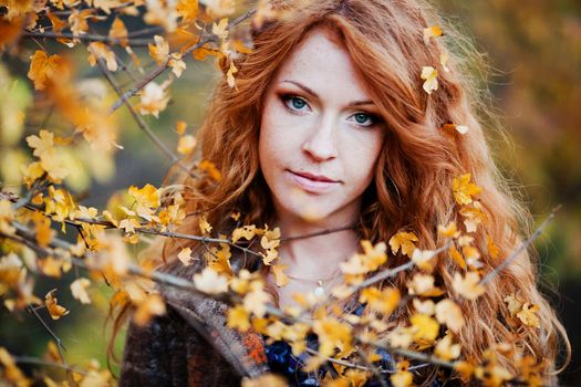 The red-haired girl in autumn leaves 
outdoor shot