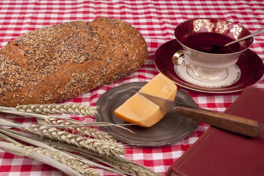 Simple old fashioned breakfast with bread and cheese