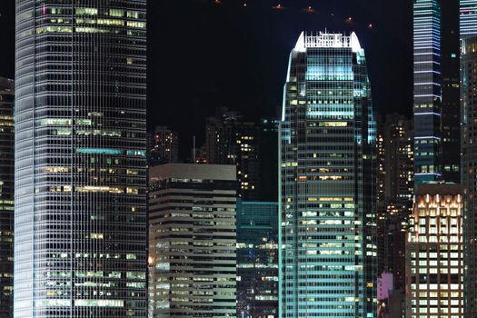 business buildings at night in Hong Kong