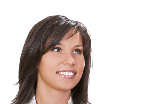 Portrait of a beautiful smiling brunette against a white background.Shot with Canon 70-200mm f/2.8L IS USM