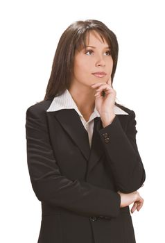 Image of a young business woman thinking agaisnt a white background.Shot with Canon 70-200mm f/2.8L IS USM