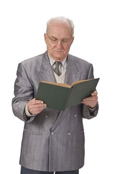 Image of a senior man reading a book against a white background.