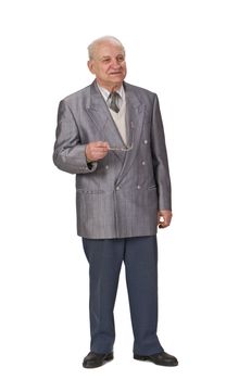 Senior man giving a speech isolated against a white background.