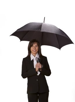 Beuatiful brunette businesswoman with umbrella.
