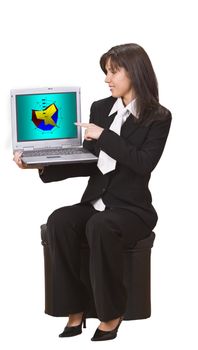 Businesswoman presenting a colorful graph on her notebook.