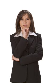 Serious businesswoman thinking isolated against a white background.