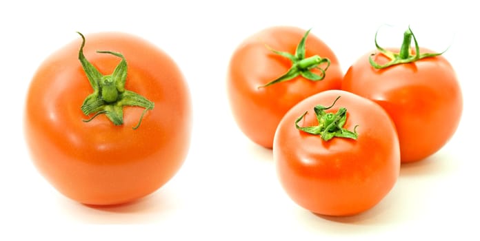 close up shot of ripe fresh tomatoes over white