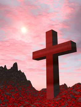 Cross from a red stone (active volcano) located on burning ground on a background of the drama sky