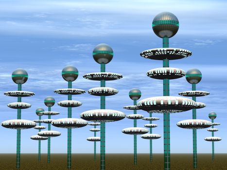 City of the future. Spikes with the spheres located on them - (replacing houses in our representation)