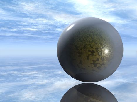  3D glass sphere with abstract a substance inside. On a background of the sky and a smooth surface