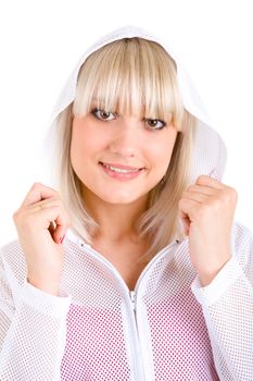 smiling blond girl in jacket with hood