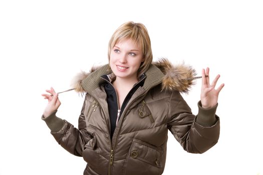 young girl in a jacket with a fur collar