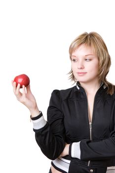 girl holds an apple in a hand