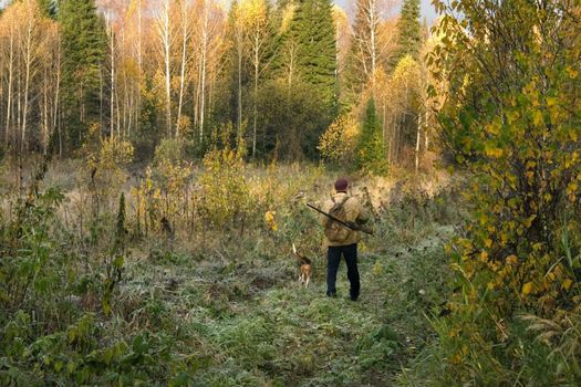 The hunter with the hunting dog leaves on hunting