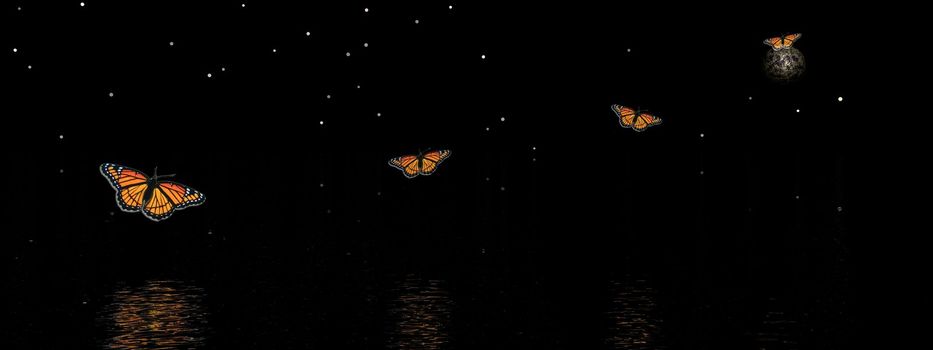 Colored butterflies flying to the moon over the ocean by dark night with stars