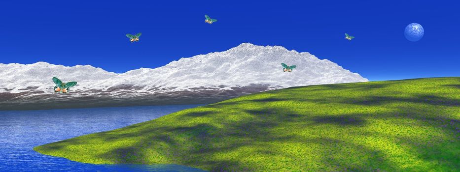 Peaceful white snowy mountain, green grass, blue lake and moon in the blue sky where colored butterflies are flying