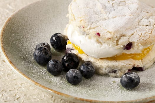 Fresh cream filled pastry and blueberries.