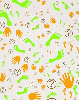 Wallpaper with hands,feet and question signs on wooden background