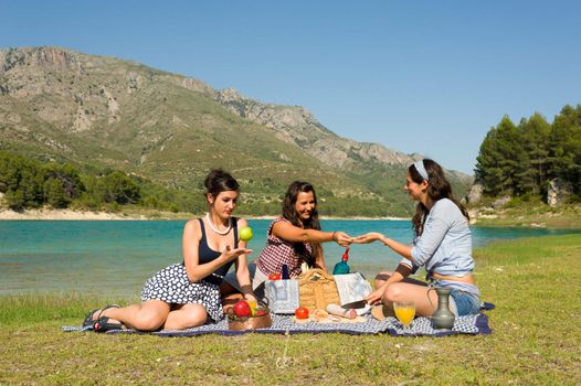 Girls  enjoying a classic  picnic  in a scenic setting