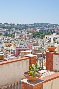 Panoramic view of Procida Isle, in Naples Gulf, Italy