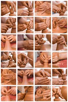 Collage made of photos about potter hands working with clay.