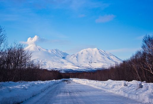 snow road to winter wood on kamchatka