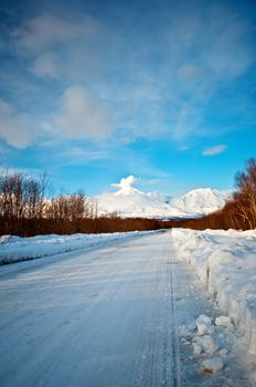 snow road to winter wood on kamchatka