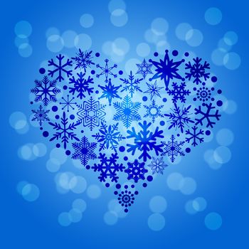 Christmas Snowflakes Heart Shape on Blue Blurred Background Illustration