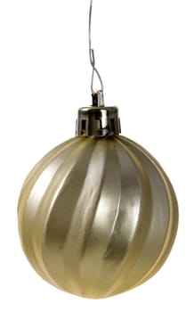 A single isolated gold Christmas bauble hanging.
