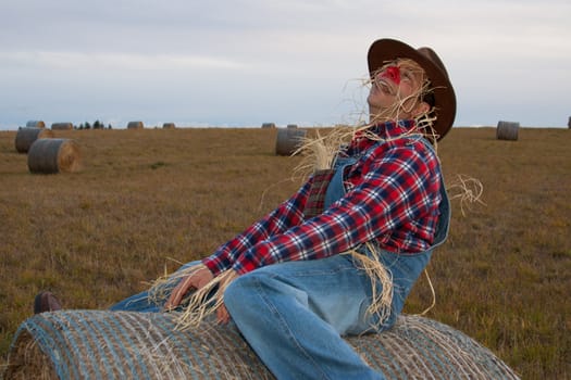 Scarecrow is happy and having fun while riding a hay bale.