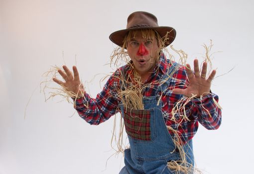 Scarecrow is saying "Boo" to scare the birds.