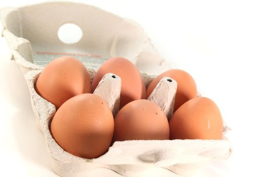 fresh chicken eggs in a light box on a white background