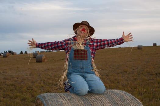 Very happy scarecrow with arms spread wide.