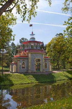Pavilion in Chinese style in Tsarskoe Selo, Russia, early summer