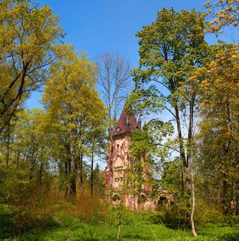 ruined tower Chapelle in old park of Pushkin Town, Saint-Petersburg, Russia