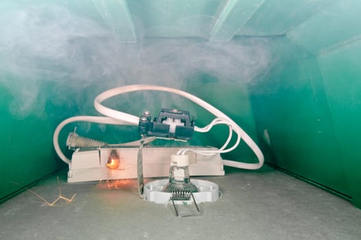 Failure in low voltage transformer installed in a downlight box in the ceiling causing fire
