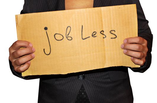 A jobless woman holding a sign saying "jobless" isolated on a white background