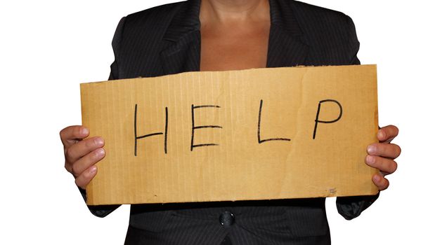 business woman holding help sign in her arms