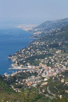 aerial view of Recco, small town in mediterranean sea, Italy