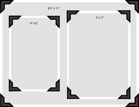 Illustration of a blank photo in three typical sizes with old-fashioned photo corners
