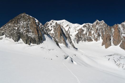 summer view of Mont Blanc massif and mer de glace glacier