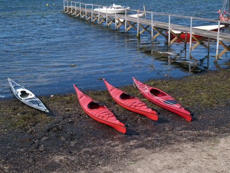 Colorful sea kayaks on the beach ready for extreme sport action